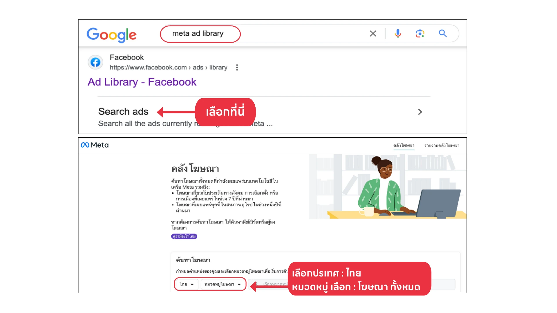 วิธีเข้า Meta Ad Library และเลือกประเทศกับหมวดโฆษณาทั้งหมดตามสไลด์
